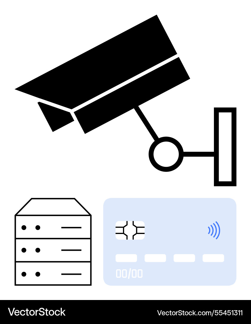 Security camera data server and contactless card vector image