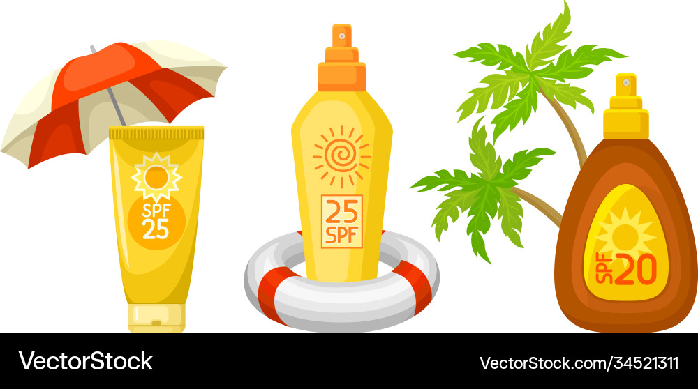 Sonnenschutzlotion Flaschen mit Sonnenfilter und Strand Vektorbild