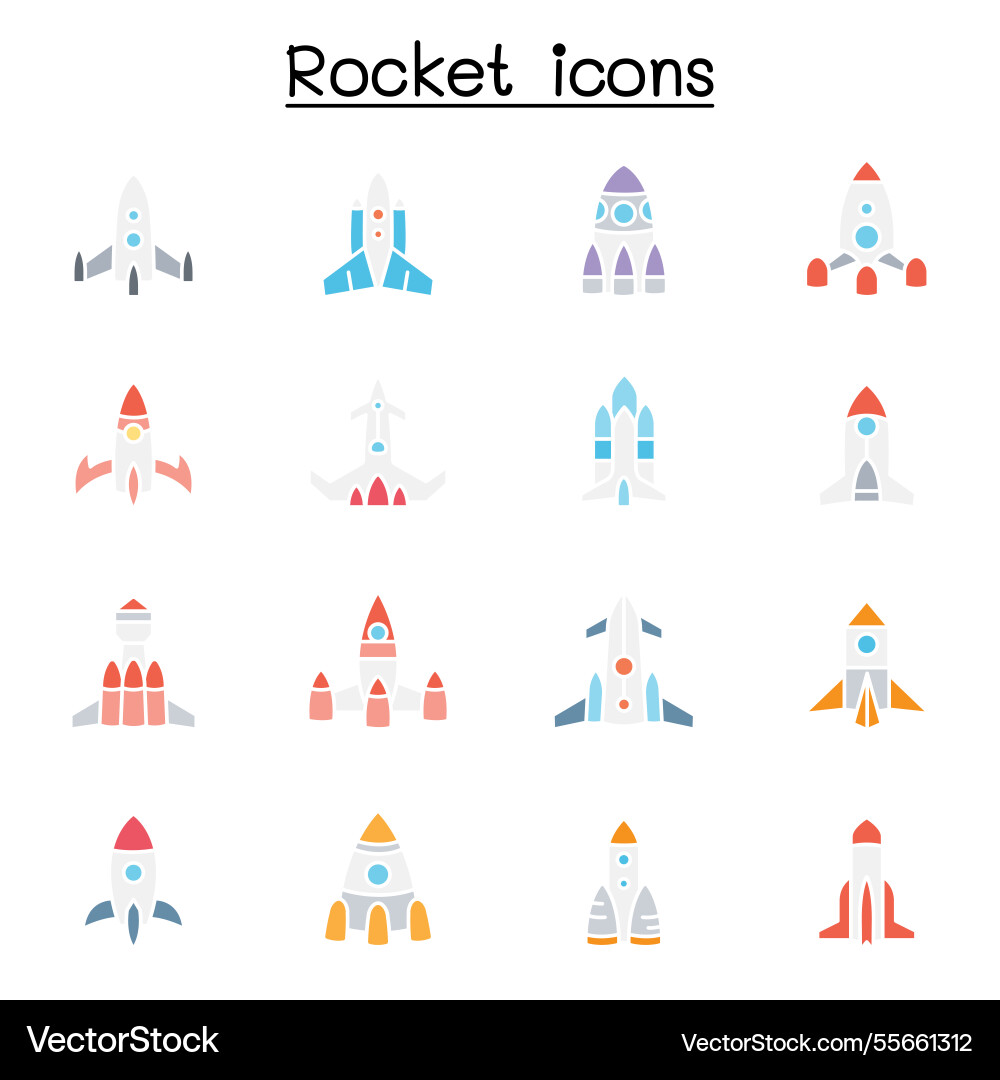 Rocket spaceship spacecraft icon set in flat Rocket spaceship spacecraft icon set in flat vector image