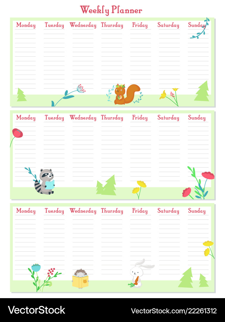 Weekly planner template with cute animals Vector Image weekly-planner-template-with-cute-animals-vector-image