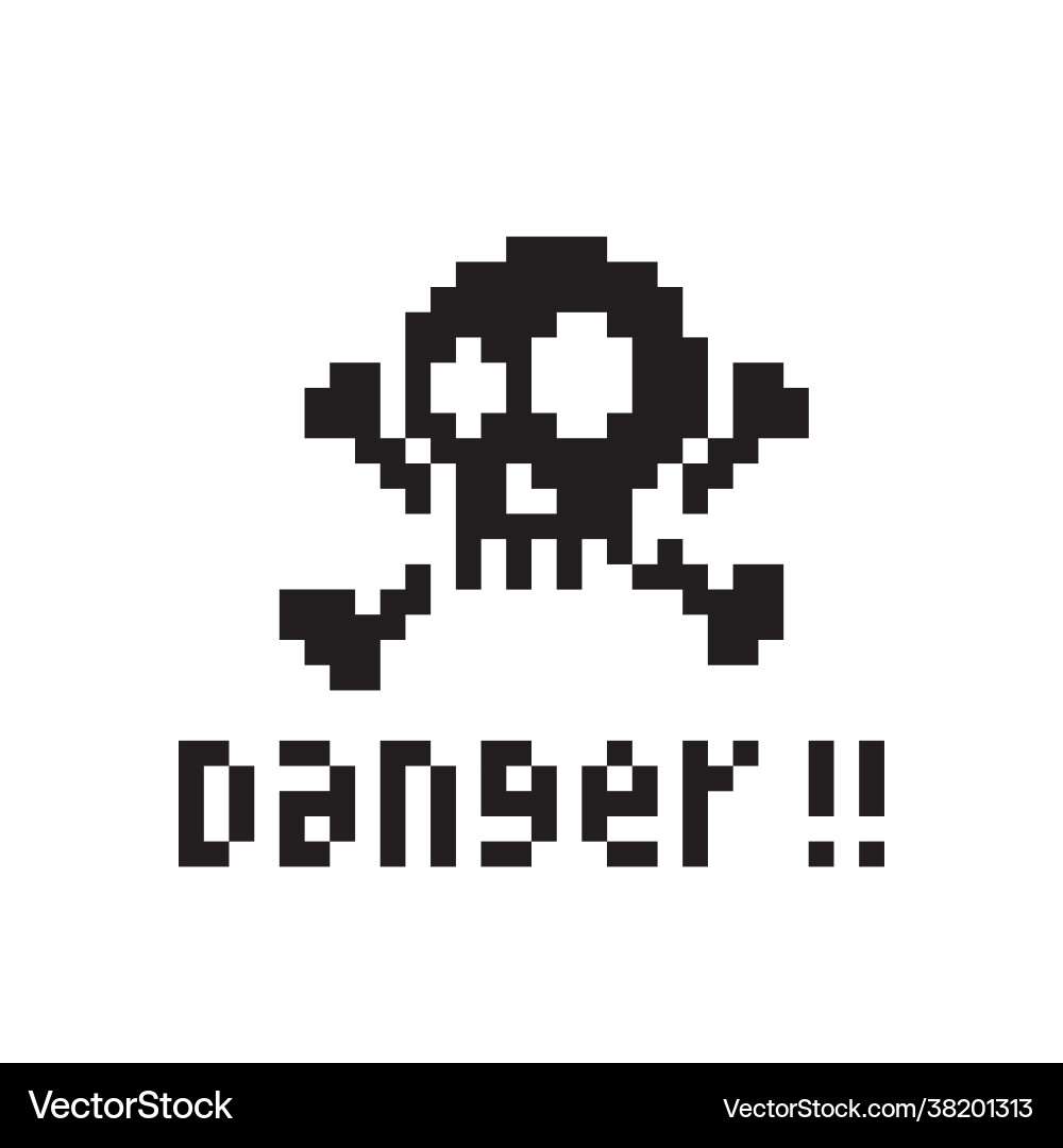 Pixel skull with danger text for 8 bit game assets Pixel skull with danger text for 8 bit game assets vector image