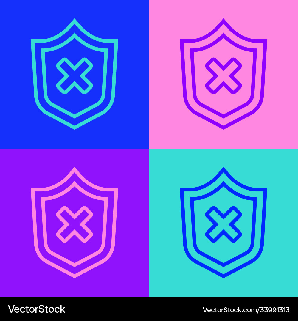 Pop art line shield with cross mark icon isolated Pop art line shield with cross mark icon isolated vector image