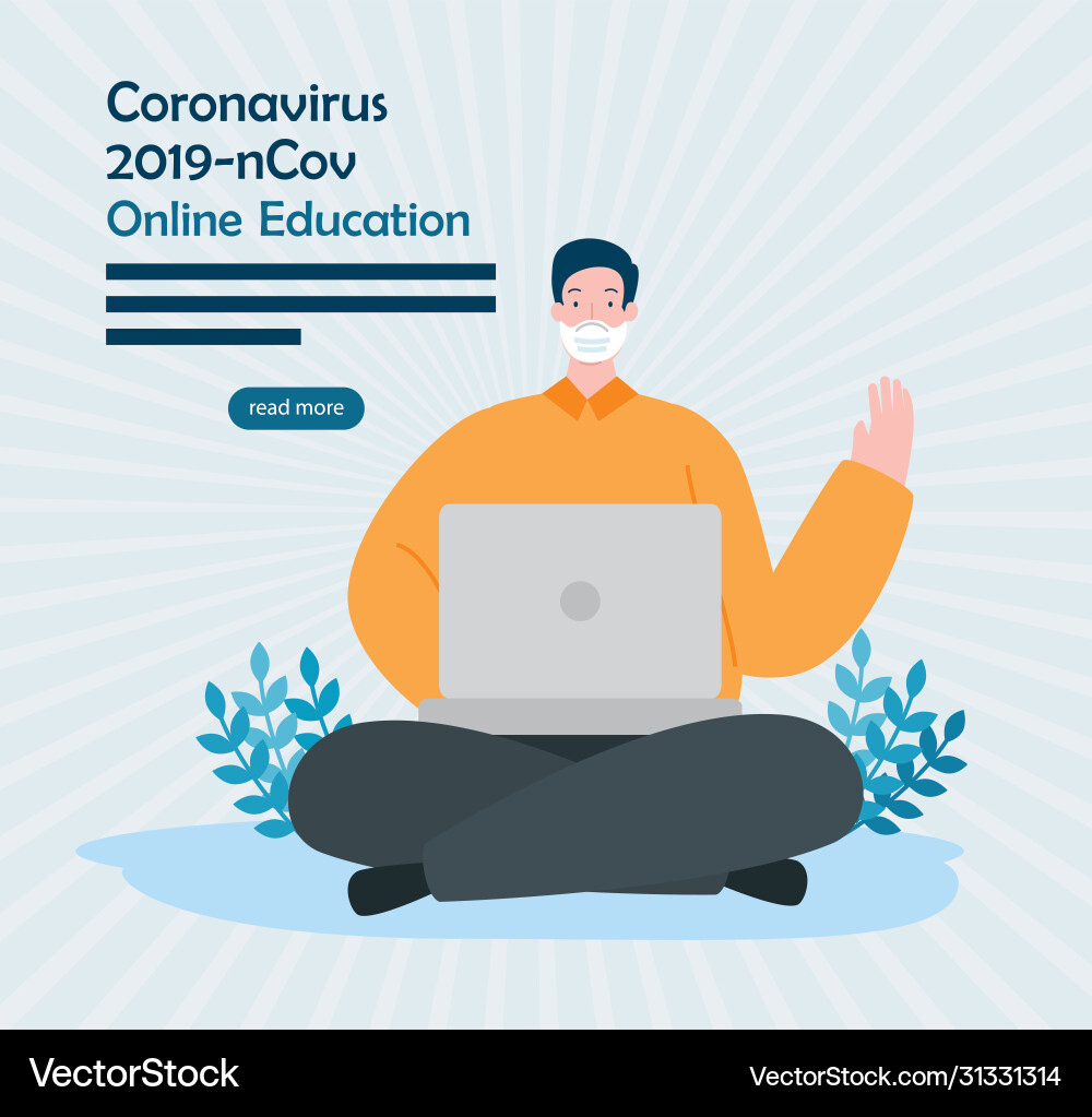 Man using face mask studying online Man using face mask studying online Vector Image