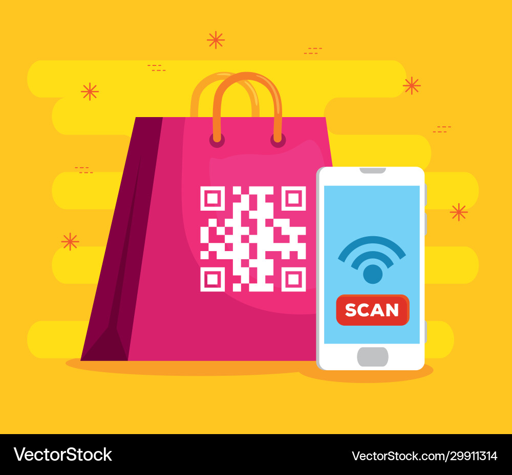 Scan code qr in bag shopping with smartphone vector image