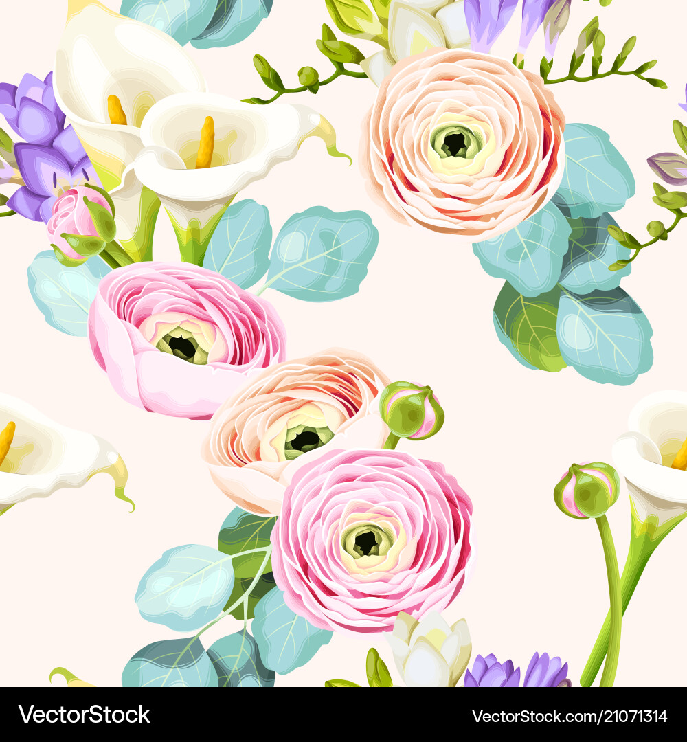 Seamless pattern with calla and ranunculus vector image
