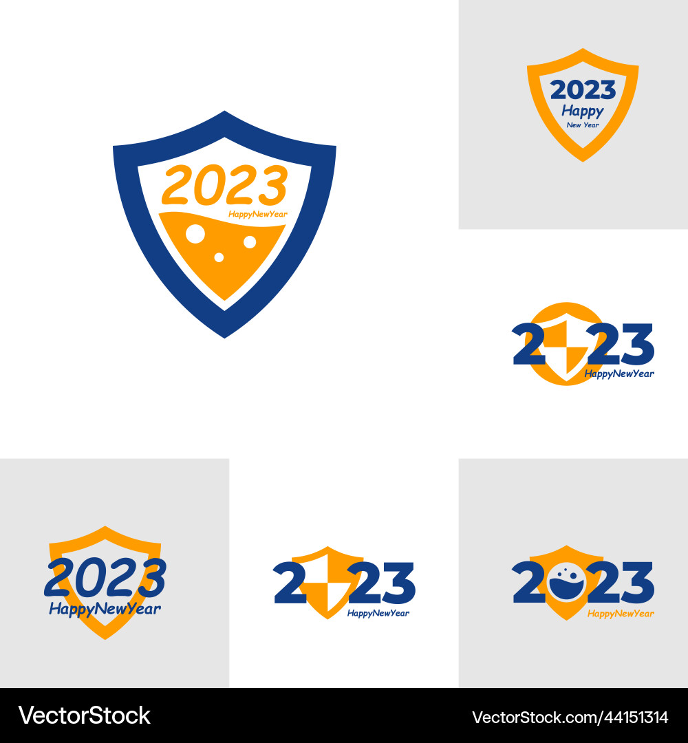 Set of happy new year 2023 text with shield Vector Image