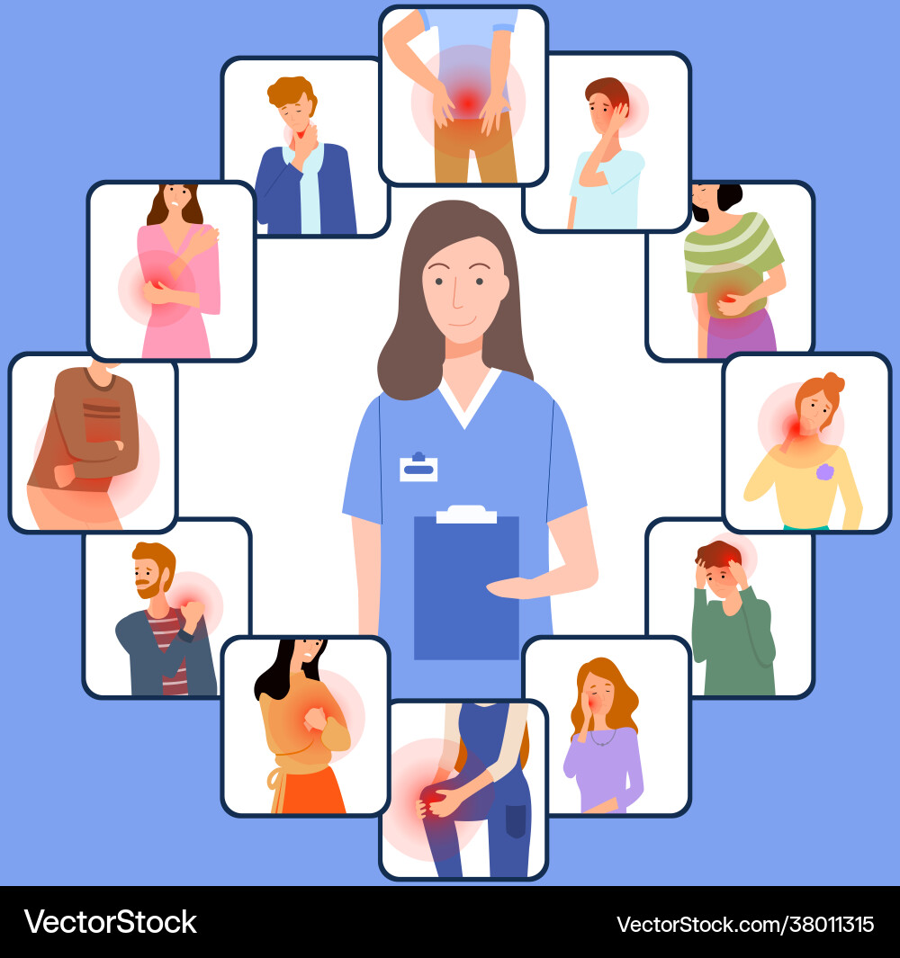 Patients with sore body parts in consultation Patients with sore body parts in consultation vector image