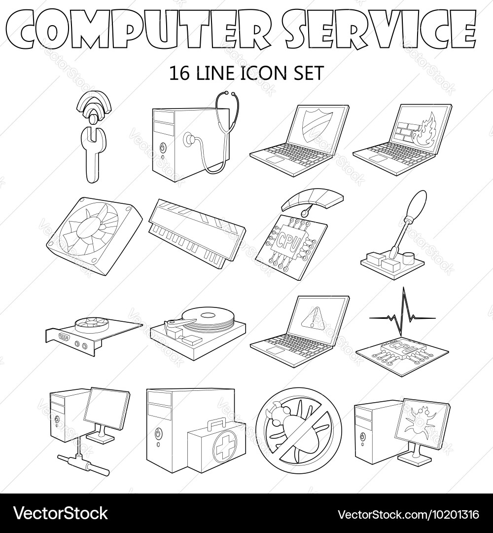 Computer service icons set outline style vector image