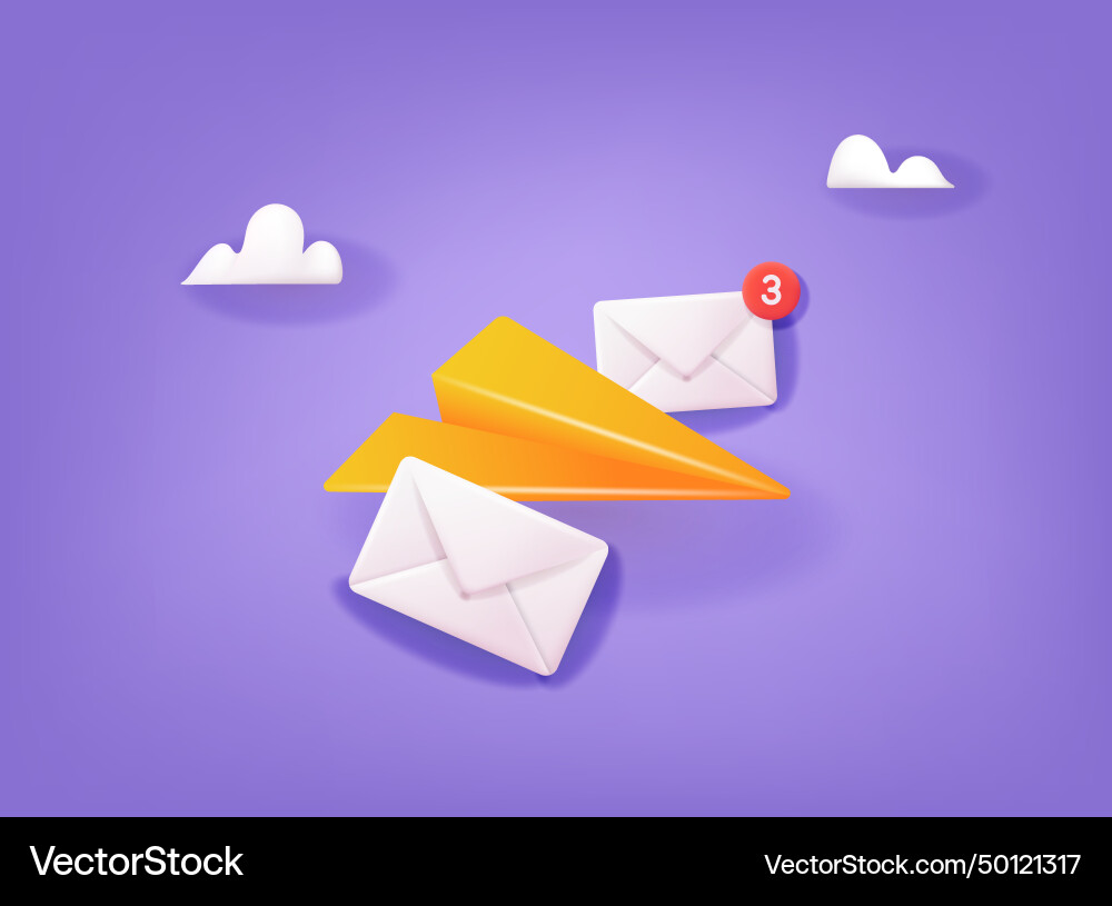 3d mail envelope and paper plane notification 3d mail envelope and paper plane notification vector image