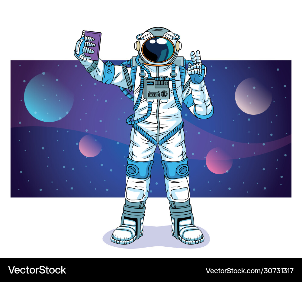 Astronaut taking a selfie in space character Astronaut taking a selfie in space character vector image