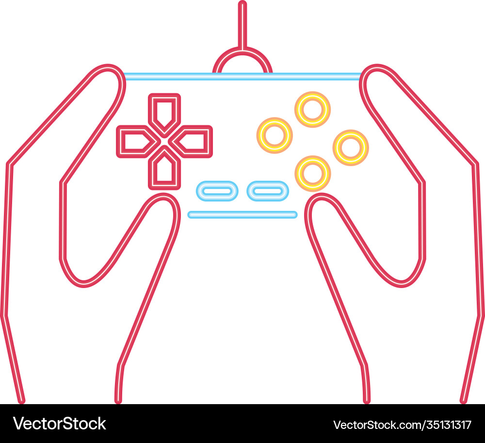 Hands using video game control neon style icon Hands using video game control neon style icon vector image