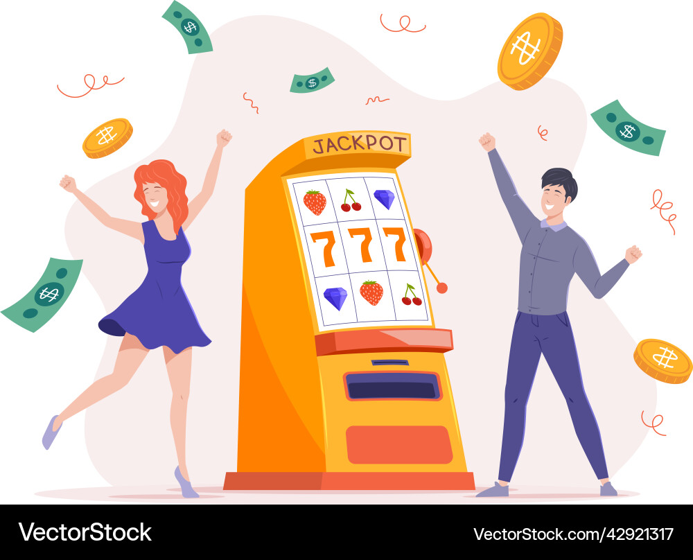 Happy couple rejoicing jackpot win gambling Happy couple rejoicing jackpot win gambling vector image