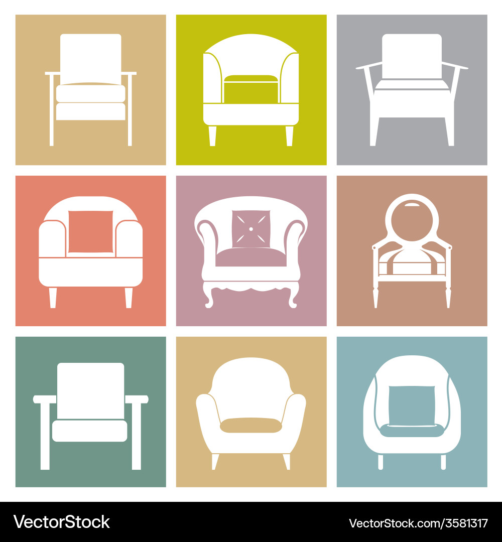 Sofas icons set on square background vector image