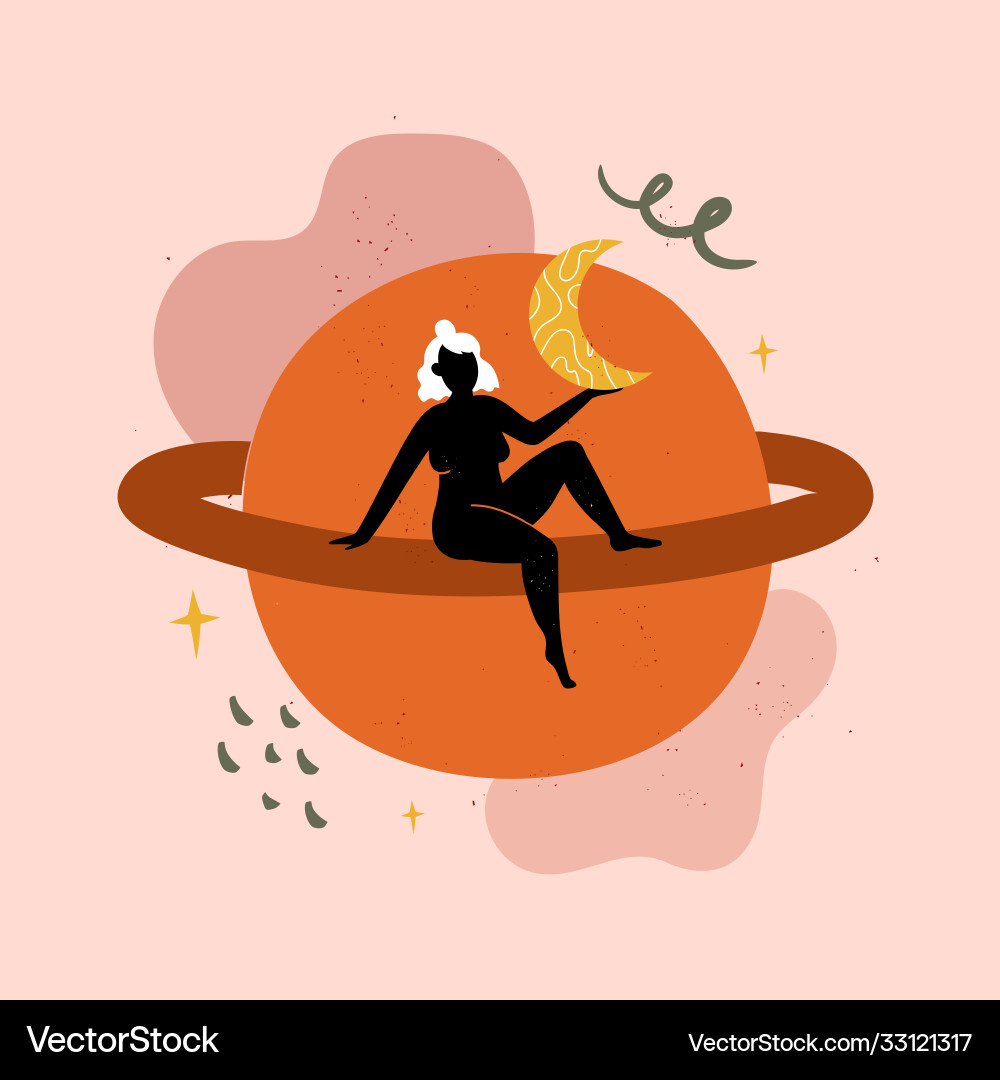 Woman on Saturn Planet - Trendy Print Vector Image