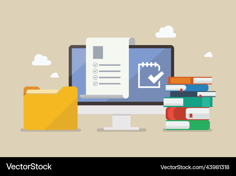Computer-Anzeige mit Büchern und Ordner vektorbild