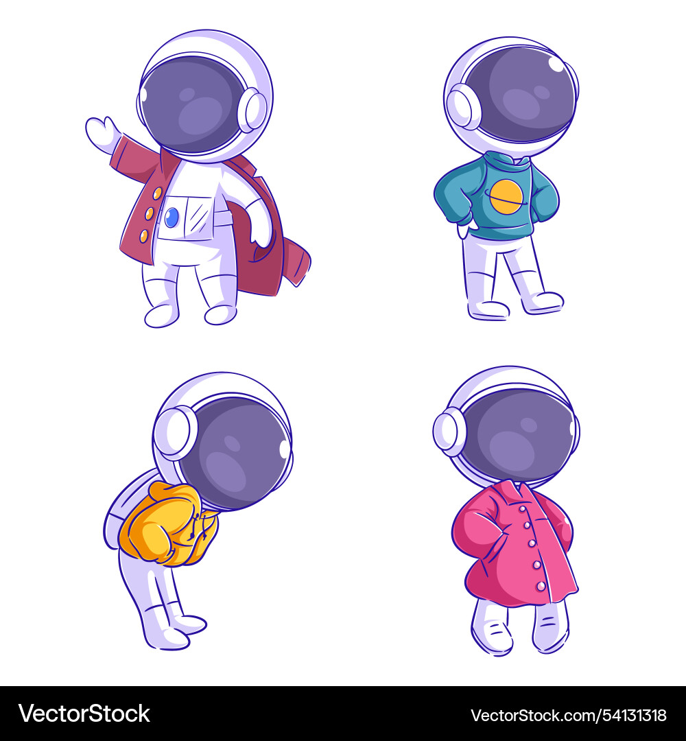 Cute astronaut wearing a jacket cartoon style set Cute astronaut wearing a jacket cartoon style set vector image