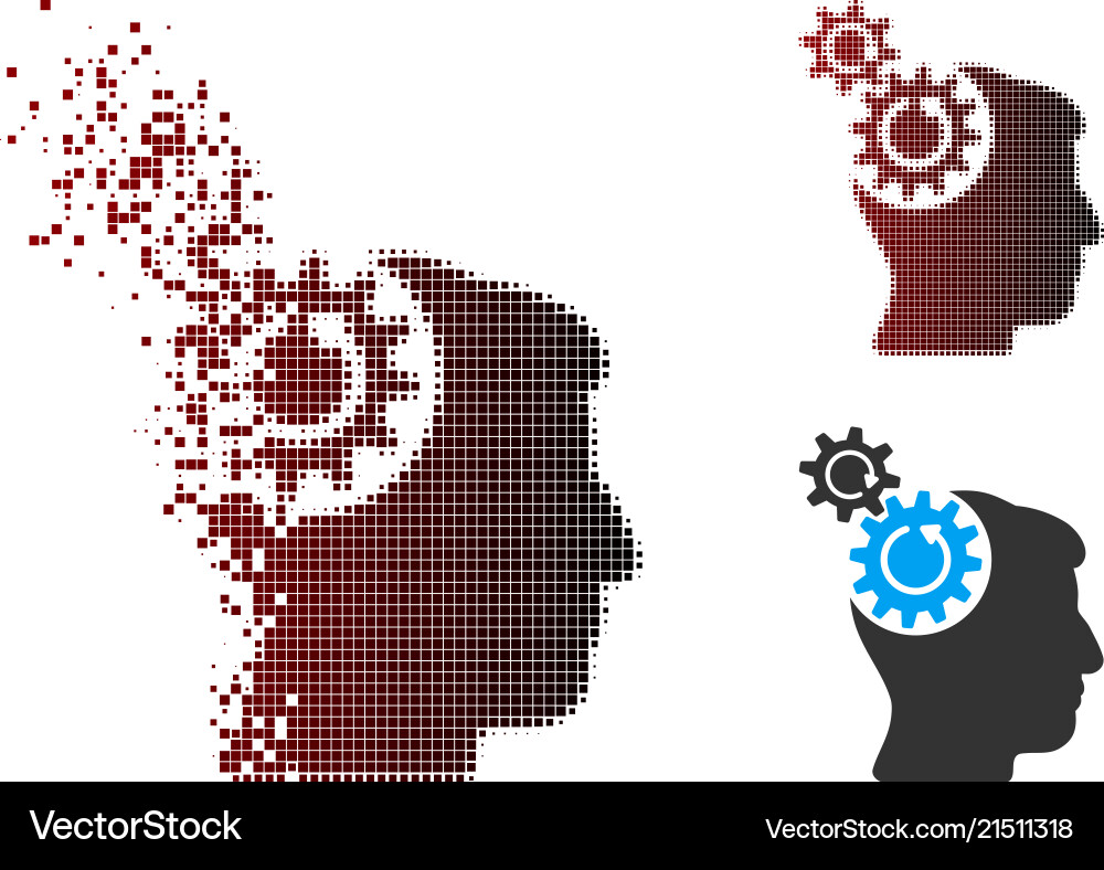 Dissolving pixel halftone head cogs rotation icon Dissolving pixel halftone head cogs rotation icon vector image