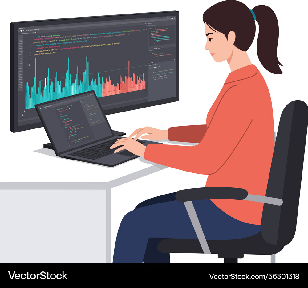 Woman programmer coding and analyzing data vector image
