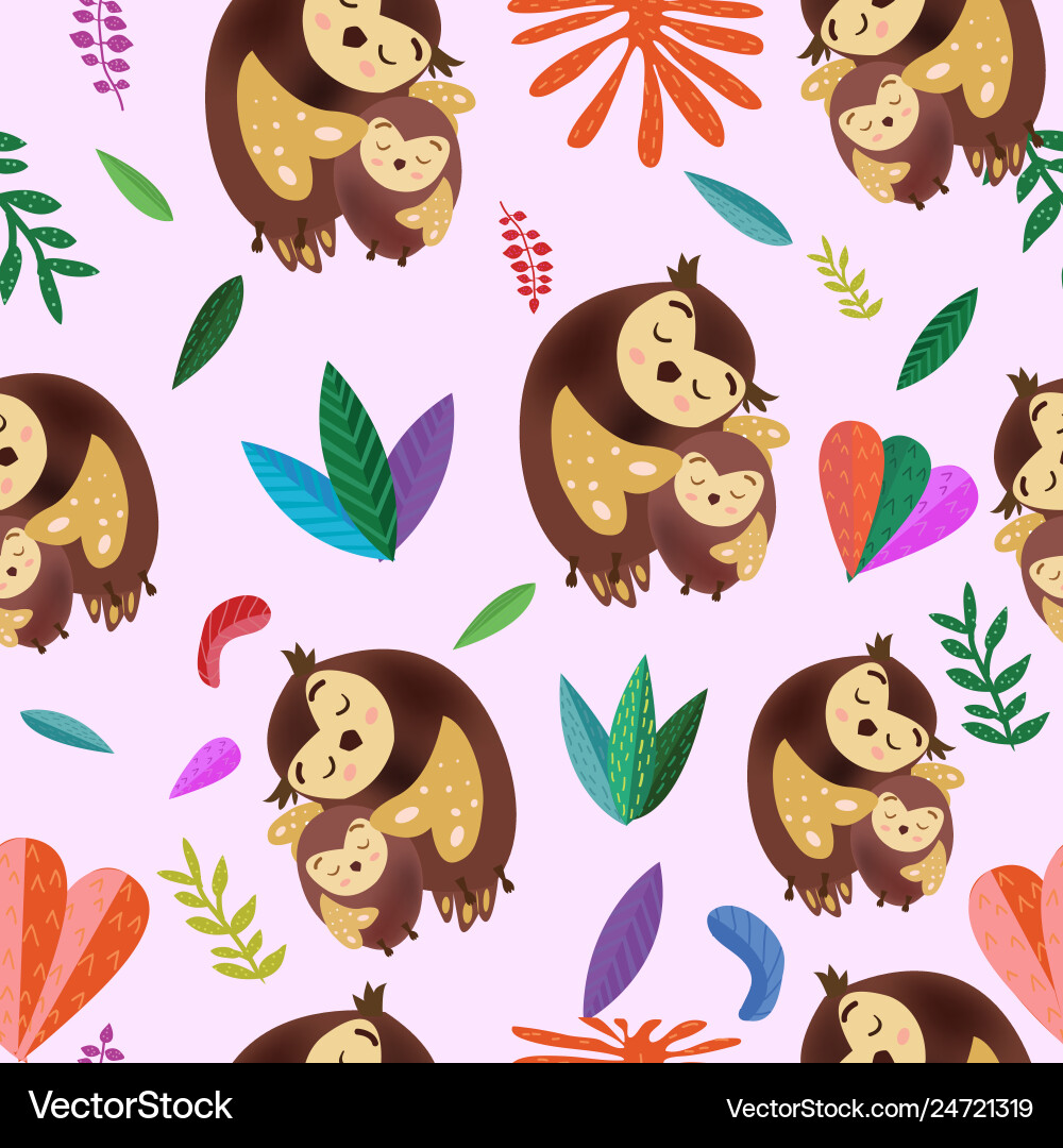 Cute Mom and Baby Owl Pattern Vector Image