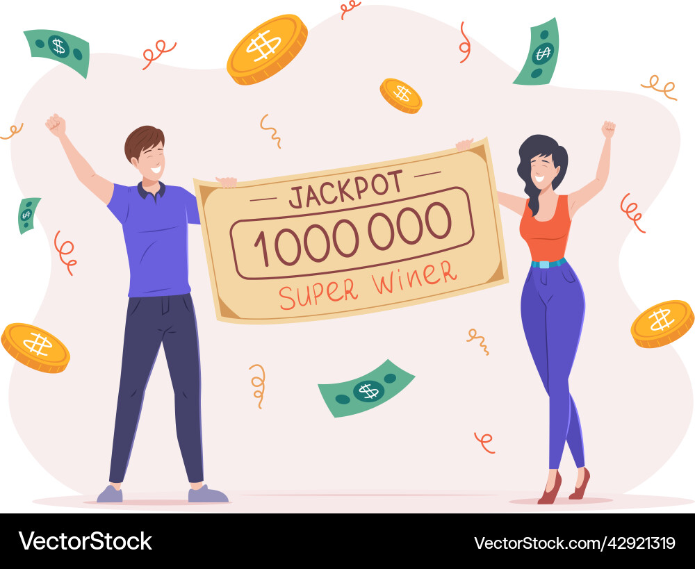 Lucky couple celebrating lottery win holding bank Lucky couple celebrating lottery win holding bank vector image