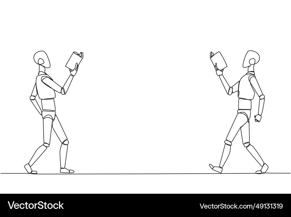 Single one line drawing two robotics walking face vector image