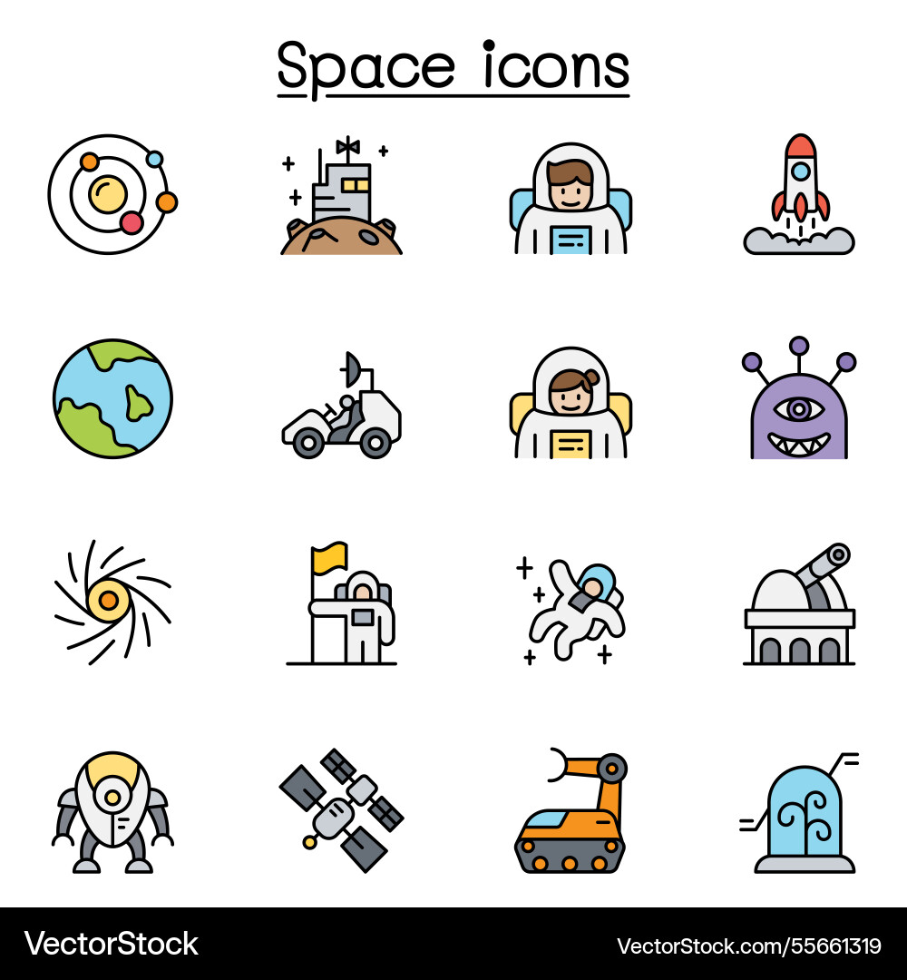 Space icon set color line style Space icon set color line style vector image