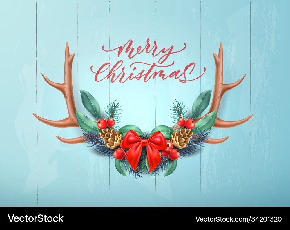 Merry christmas lettering horns bow holly Merry christmas lettering horns bow holly vector image