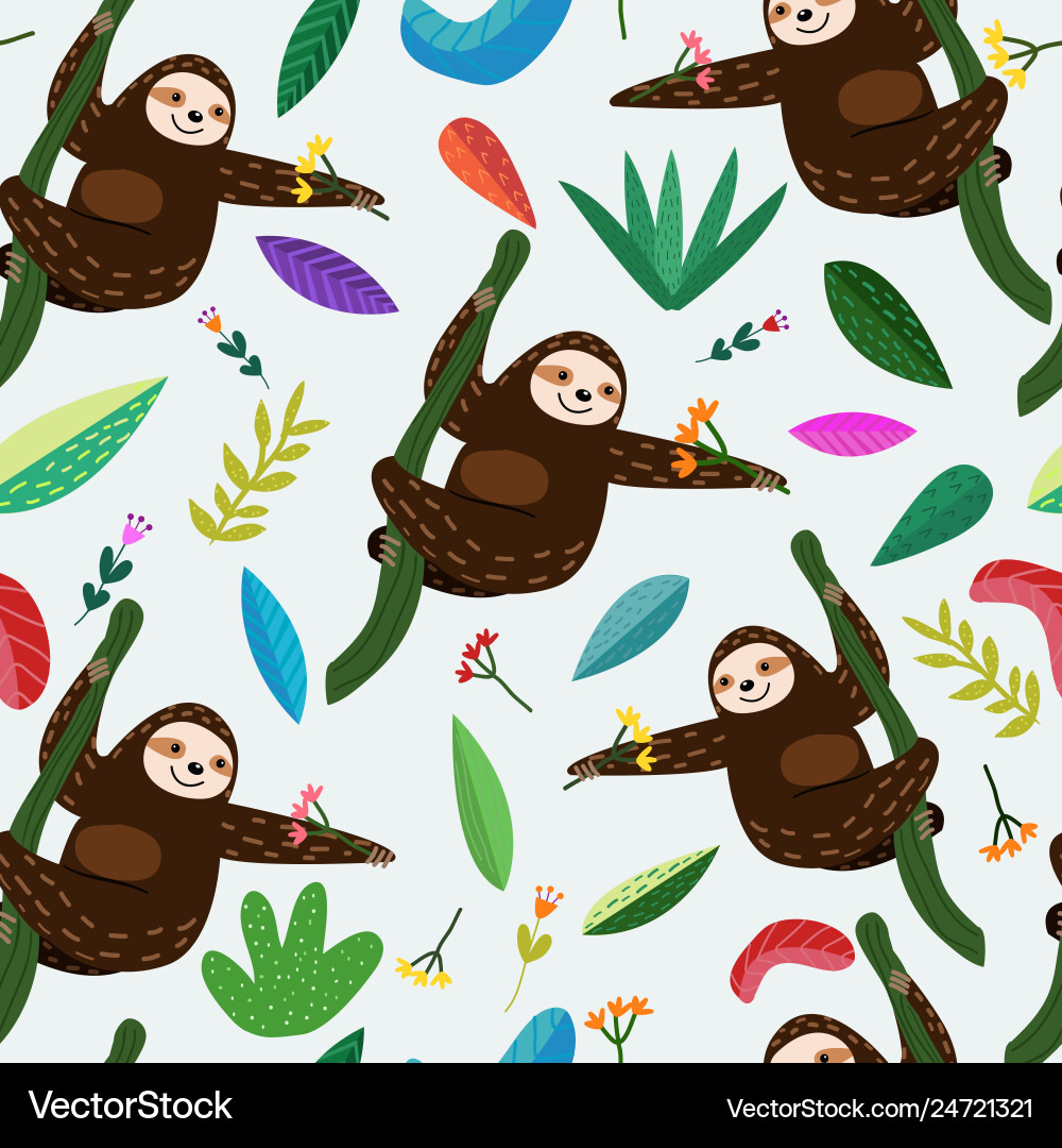 Cute Sloth Floral Pattern Vector Image