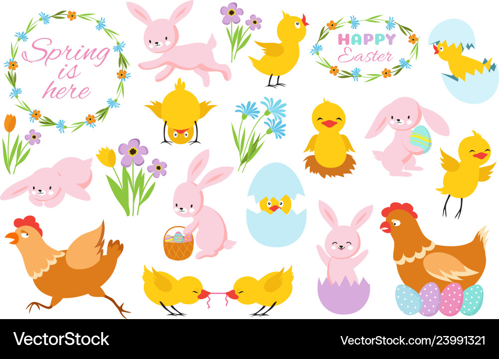 Easter bunny chicks and spring flowers funny Easter bunny chicks and spring flowers funny vector image