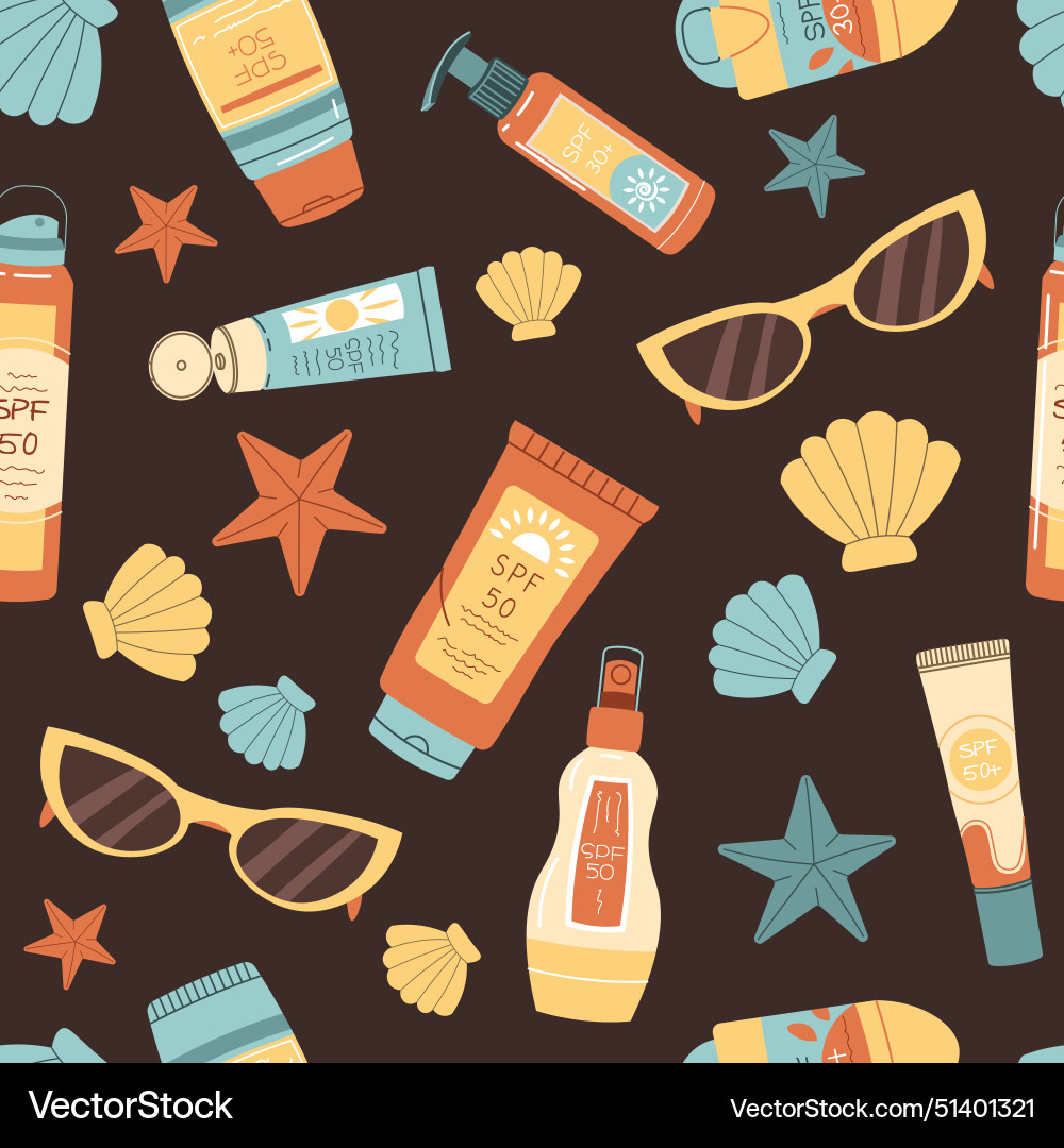Seamless pattern with sunscreen and seashells spf Seamless pattern with sunscreen and seashells spf vector image