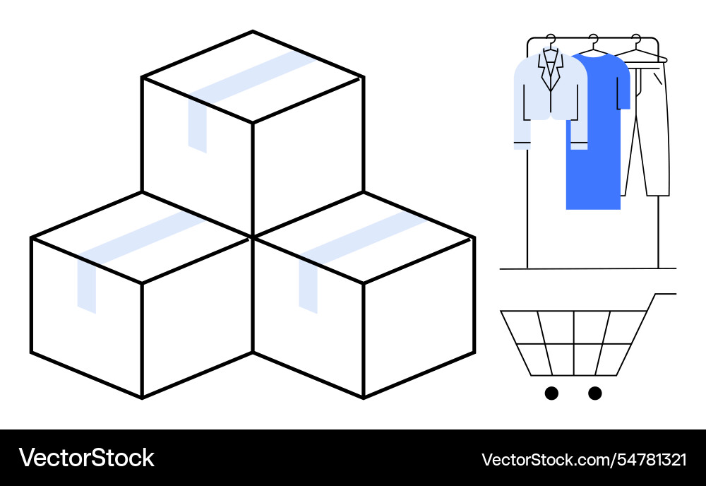 Stacked boxes beside a clothing rack with hanging Stacked boxes beside a clothing rack with hanging vector image