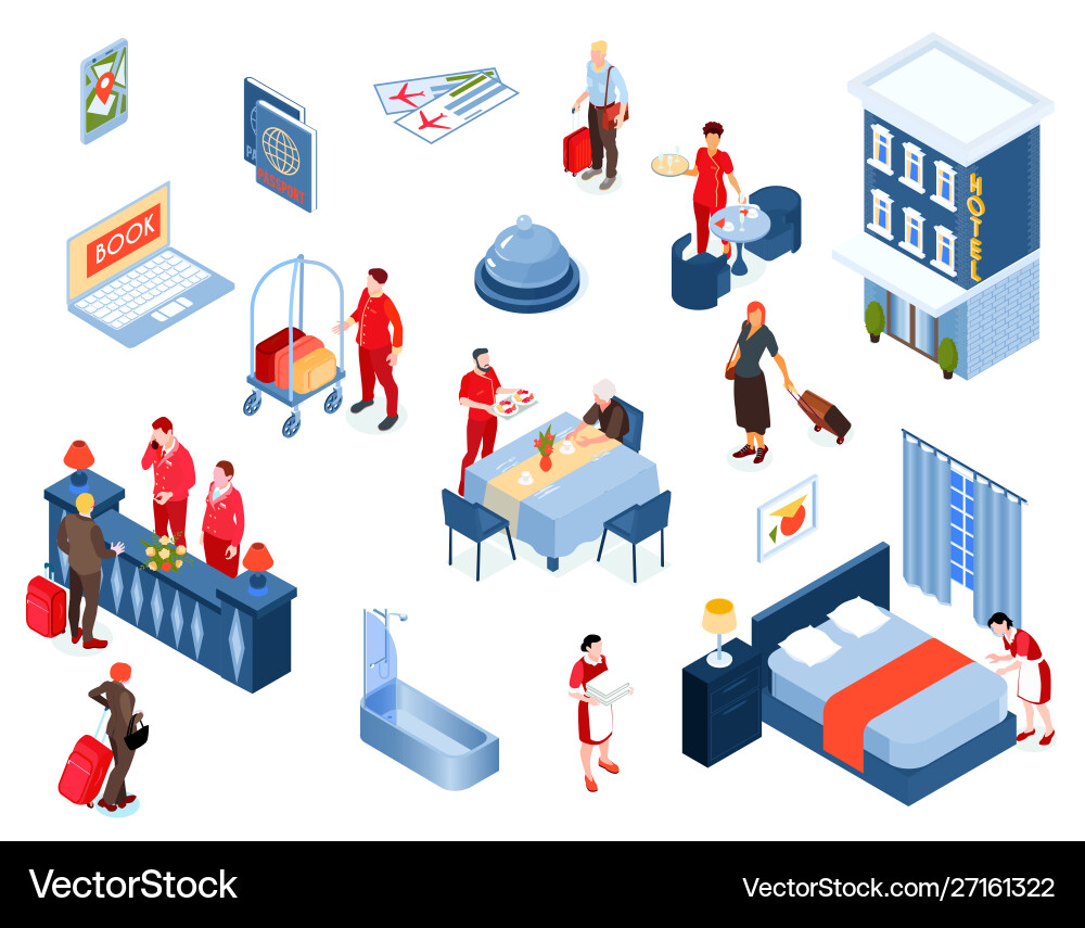 Hotel color isometric set Royalty Free Vector Image