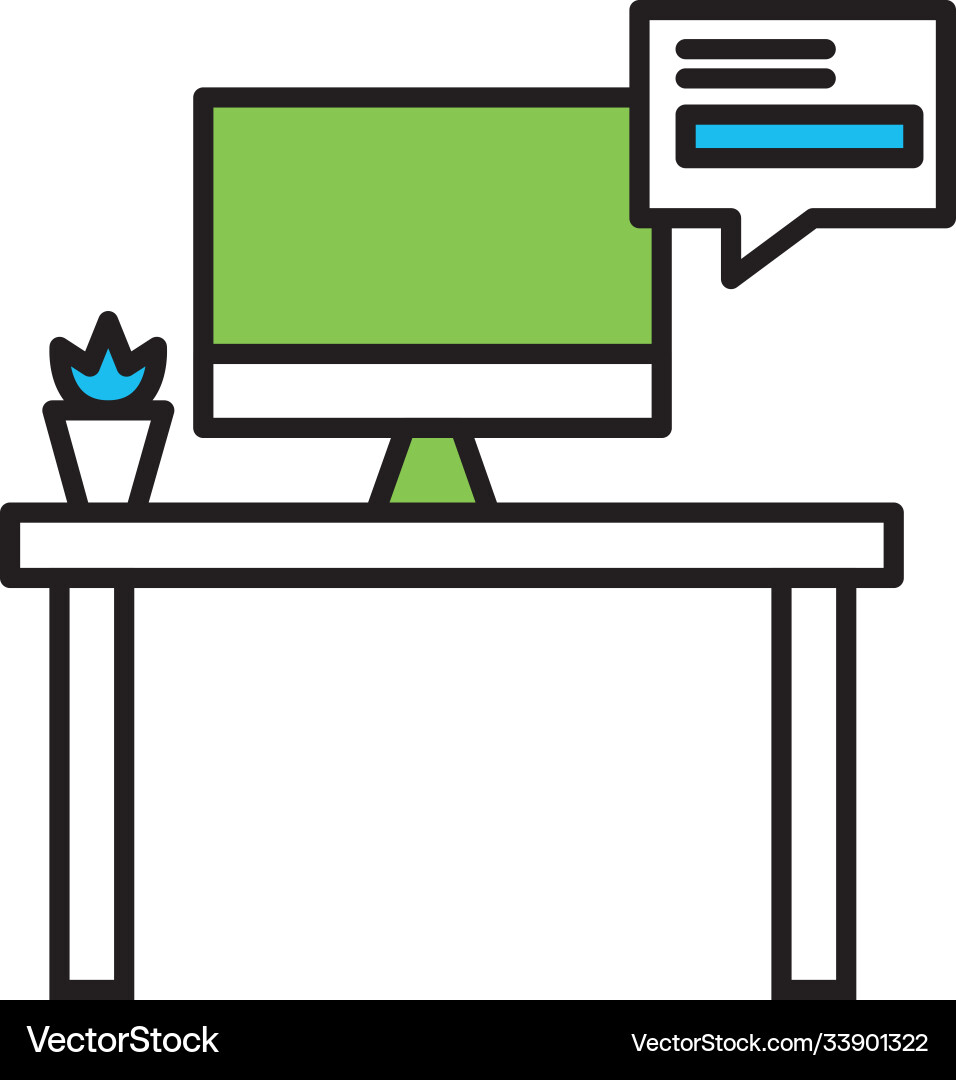 Office desk with computer and bubble line Office desk with computer and bubble line Vector Image