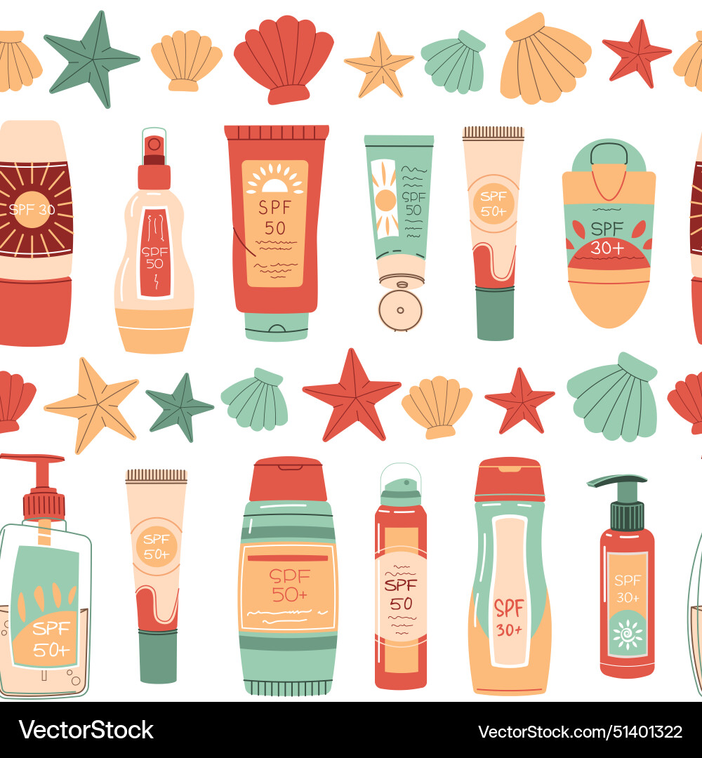 Seamless pattern with sunscreen and seashells spf Seamless pattern with sunscreen and seashells spf vector image