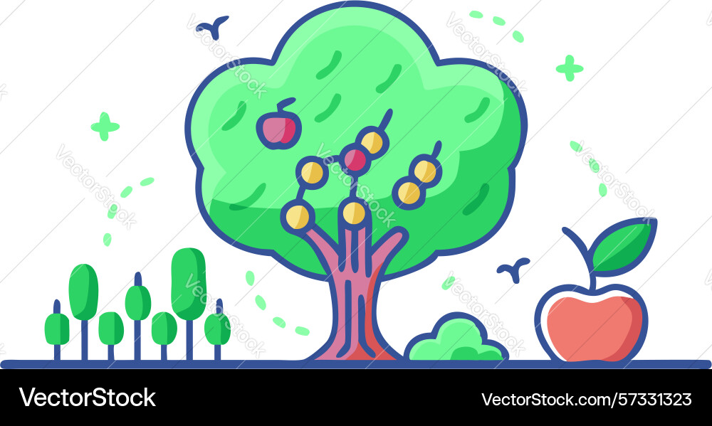 Apple tree with birds and nature elements design Vector Image
