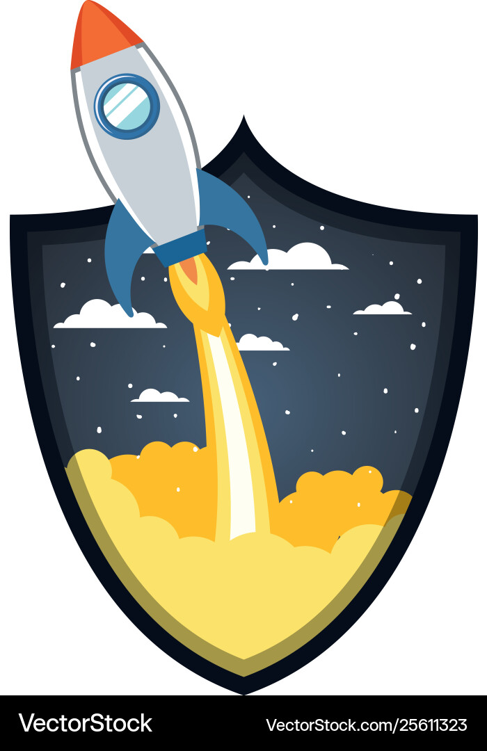 Frame with rocket taking off in clouds background vector image