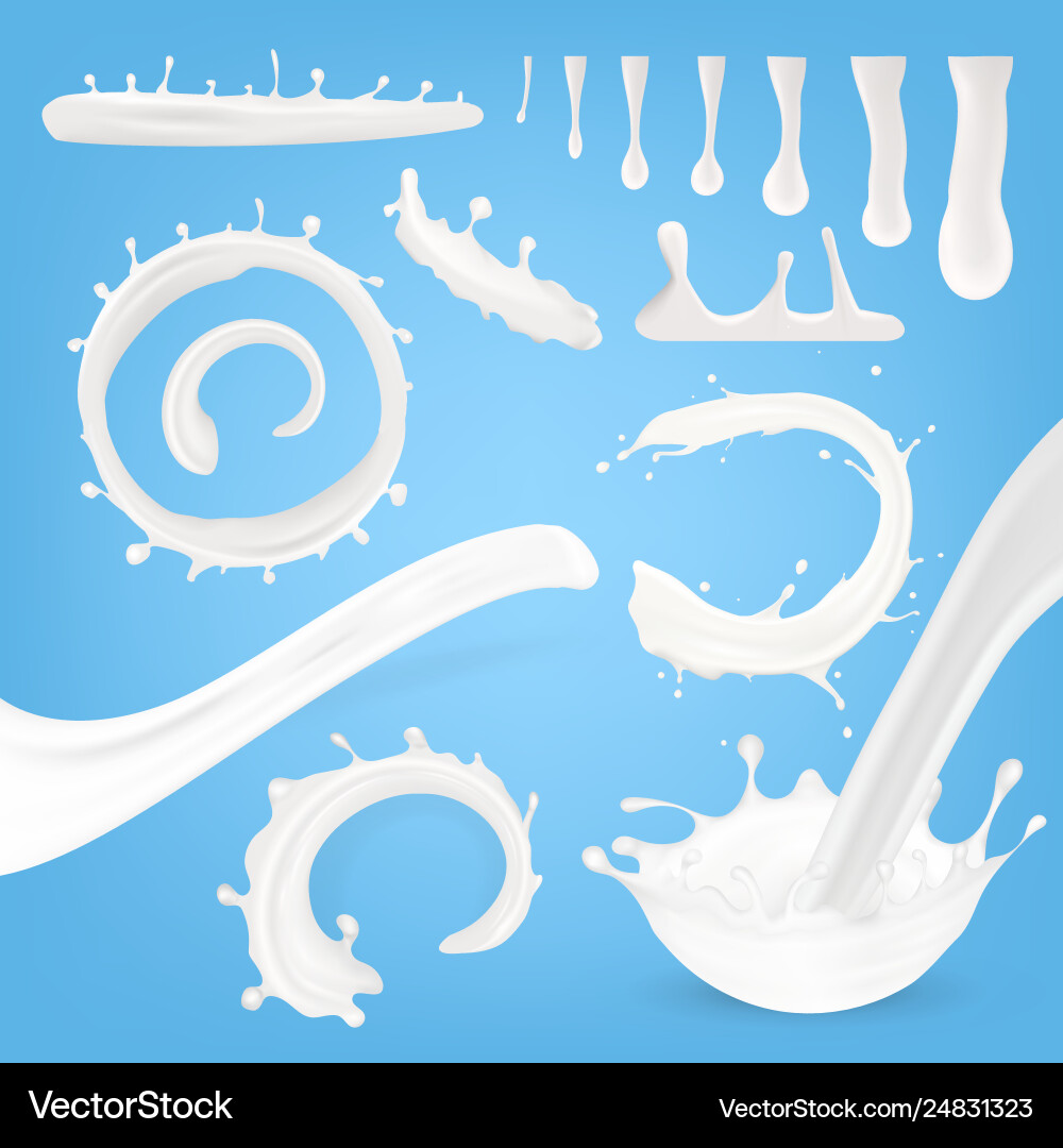 Realistische Milchspritzer Tropfen und Dralls Set Vektorbild