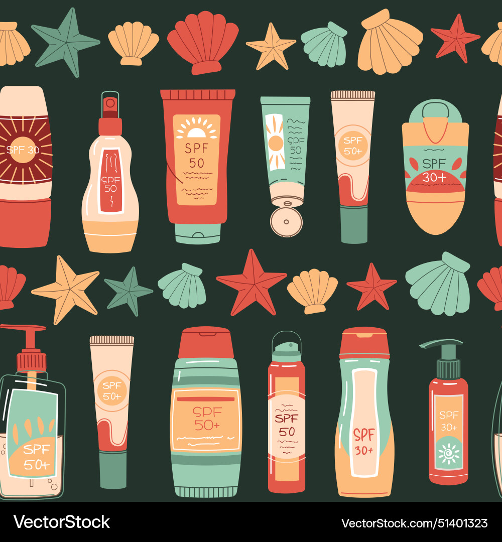 Seamless pattern with sunscreen and seashells spf Seamless pattern with sunscreen and seashells spf vector image