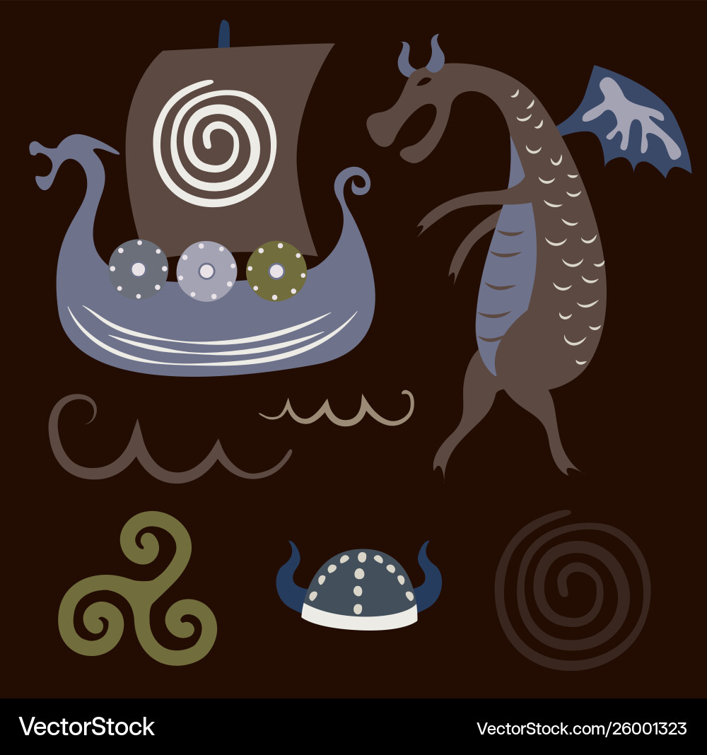 Viking pattern objects on dark background vector image