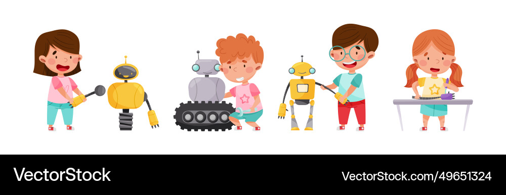 Funny children engineering robots process Funny children engineering robots process vector image