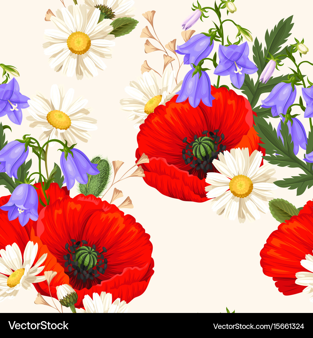 Red Poppy Field Seamless Pattern vector image