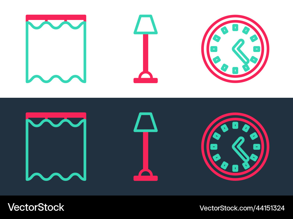 Set line clock curtains and floor lamp icon Set line clock curtains and floor lamp icon vector image