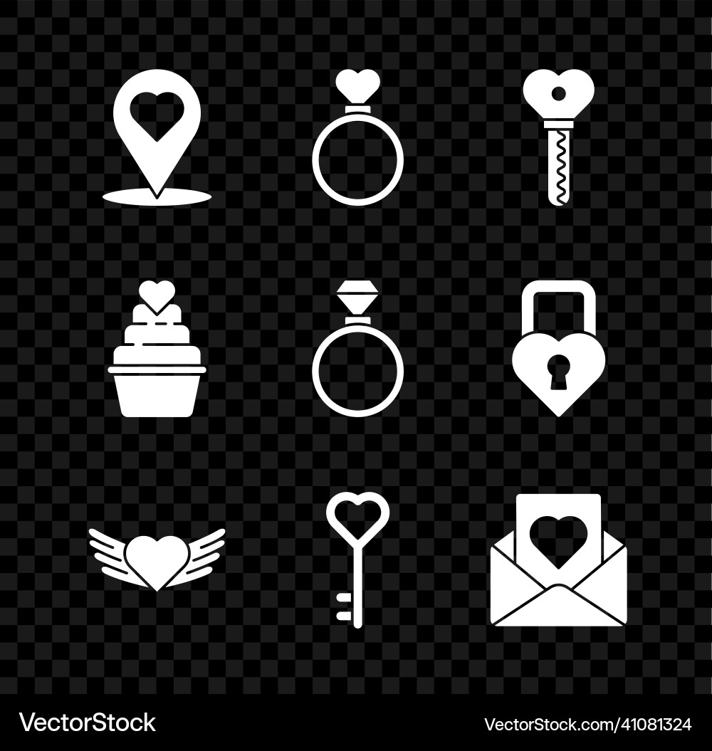 Set map pointer with heart wedding rings key Set map pointer with heart wedding rings key Vector Image