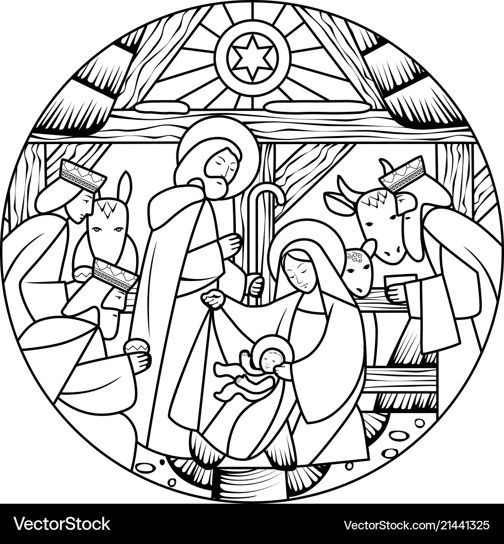 Linear drawing of birth jesus christ scene vector image