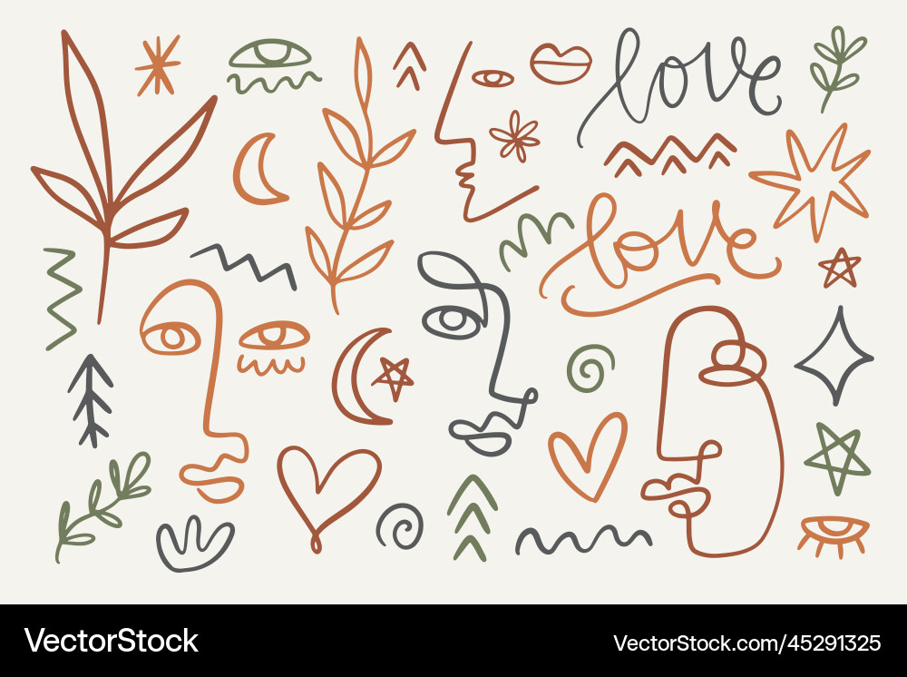 Minimalistic one line drawing boho elements set Minimalistic one line drawing boho elements set Vector Image