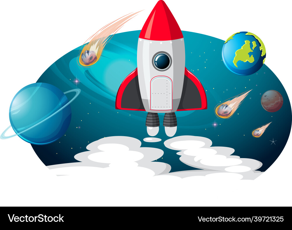 Rocket ship with many planets and asteroids Rocket ship with many planets and asteroids vector image