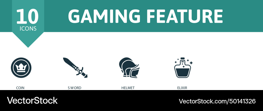 Gaming feature icon set coin sword helmet elixir vector image