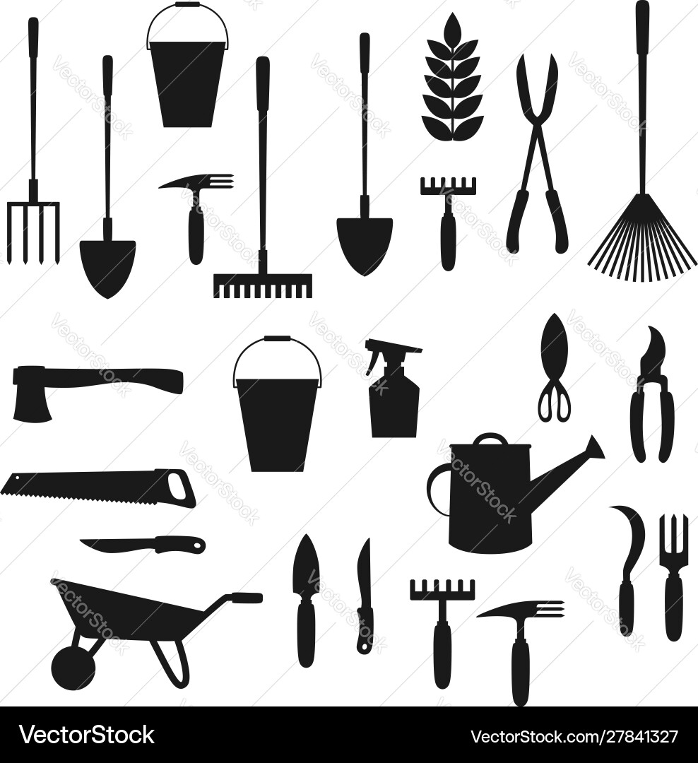Garden tools shovel rake wheelbarrow spade Garden tools shovel rake wheelbarrow spade vector image