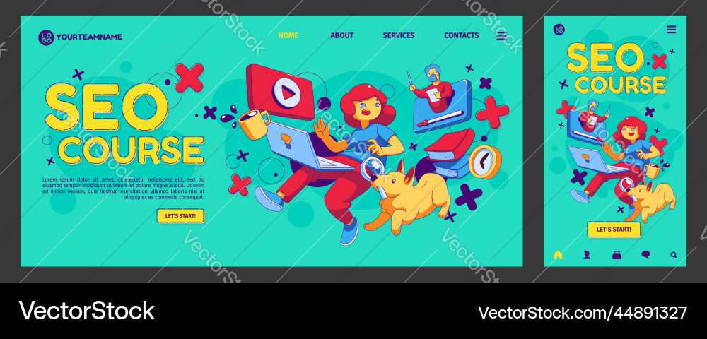 Seo courses landing page app ui ux onboard screen Seo courses landing page app ui ux onboard screen vector image