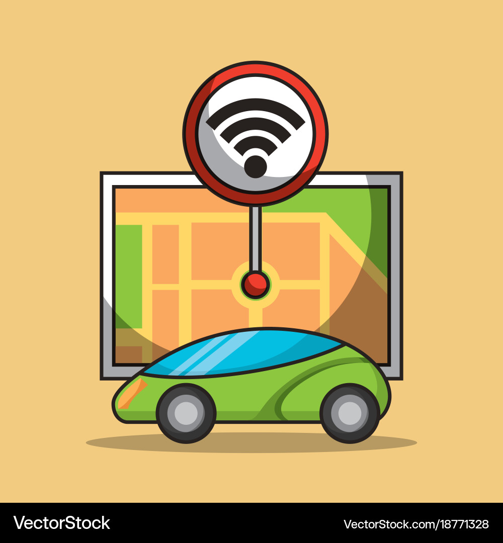 Autonomous car and map pointer signal navigation vector image